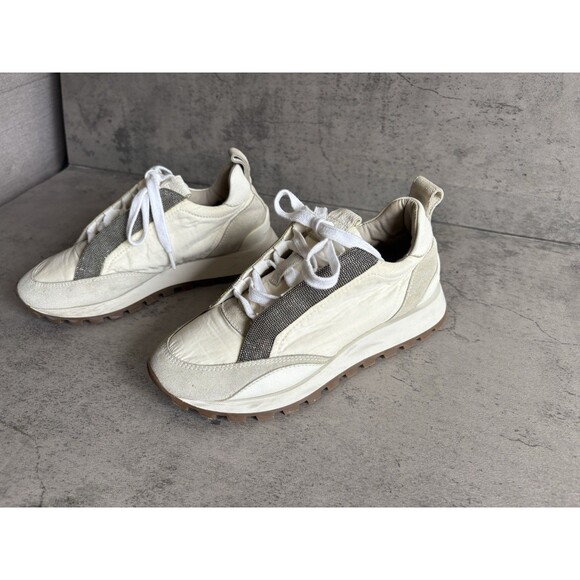 Auth Brunello Cucinelli Cream Tan Suede W/microbeads Low Top Sneakers EU37.5 US7 - Picture 1 of 10